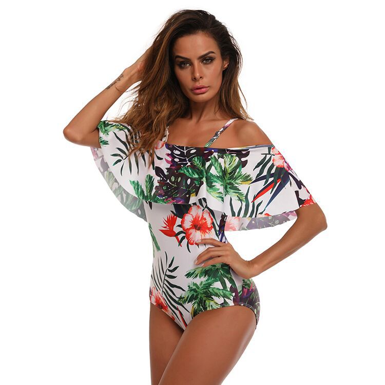 F4682  Women One Piece Swimsuit Flounce Printed Off Shoulder Bathing suit Bikini